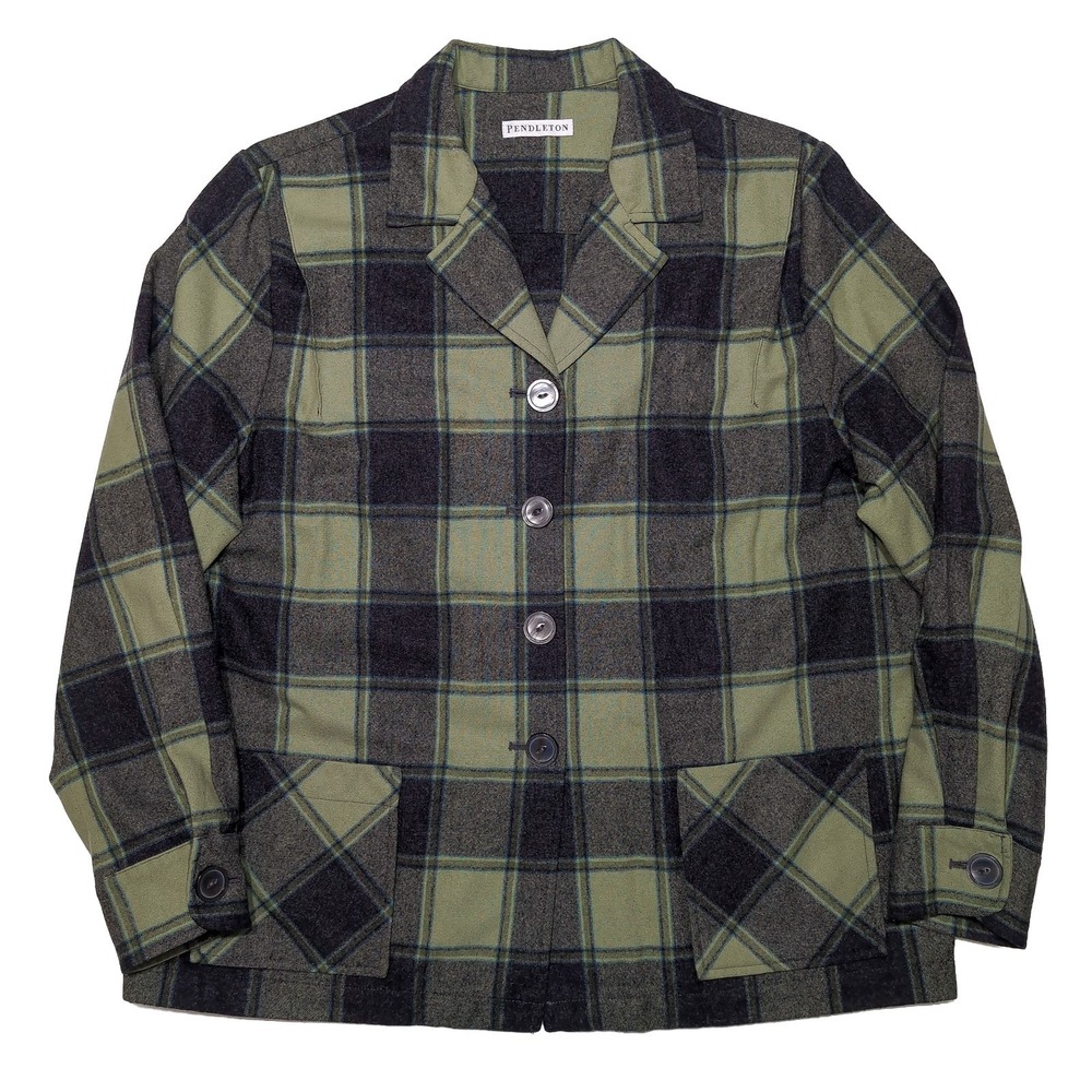 PENDLETON Chore Coat Women XL Green Black Plaid Wool Excellent Button Jacket